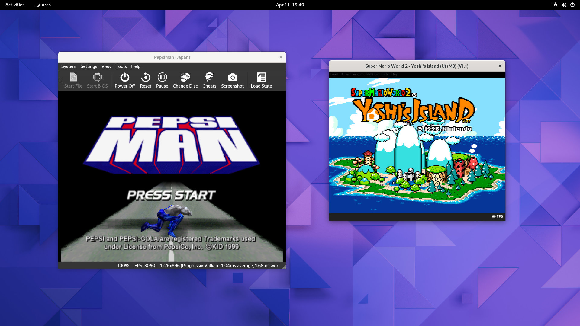 Screenshot of Linux running PS1 and Super Nintendo Emulator